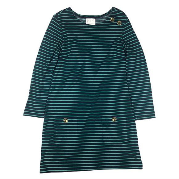 Sail to Sable navy & green striped nautical dress gold button details size m - Picture 1 of 5